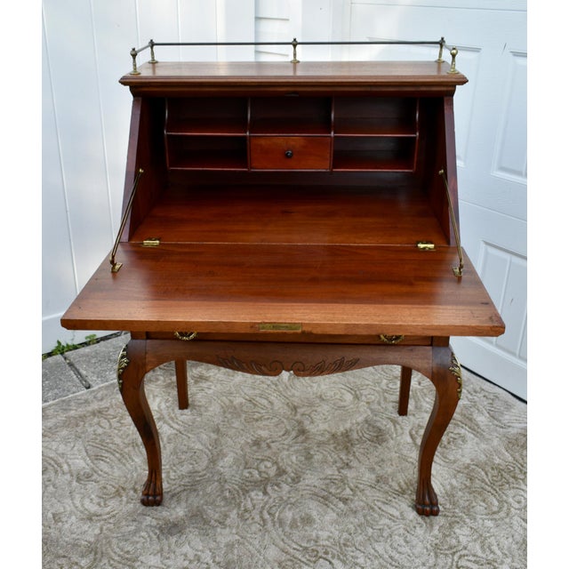 Wood Antique Country French Style Mahogany Slant Front Desk W/Brass Gallery Top For Sale - Image 7 of 12
