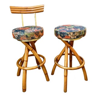 1950s Mid-Century Swivel "Spiral" Leg Rattan & Brass Barstools,- Set of 2 For Sale