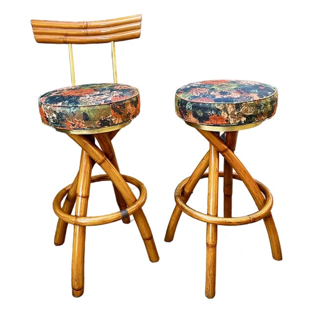 1950s Mid-Century Swivel "Spiral" Leg Rattan & Brass Barstools,- Set of 2 For Sale