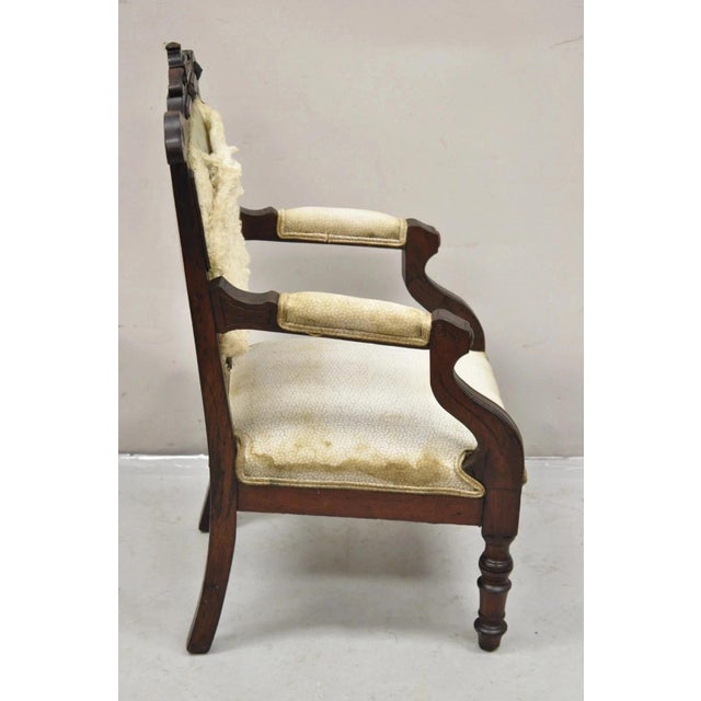 Antique Small Child's Eastlake Victorian Carved Walnut Distress Parlor Arm Chair For Sale - Image 10 of 12