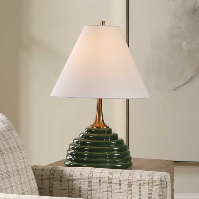 Elevate Your Decor With This Stylish Table Lamp, Showcasing A Striking Dark Green Ribbed Ceramic Base Paired With Sleek...