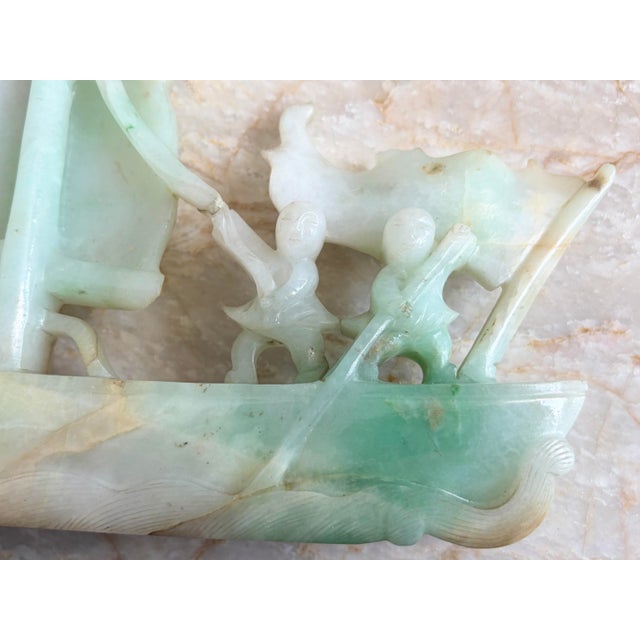 Asian Antique Chinese Qing Heavy Jadeite Jade Boat Smooth Sailing Figurines W/ Stand For Sale - Image 3 of 12