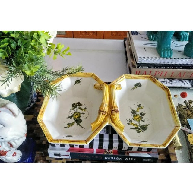 Italian Italian Double Deep Ceramic Faux Bamboo Bowl Server For Sale - Image 3 of 5
