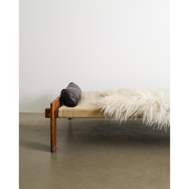 Low Mid-Century Danish Wood, Canvas, Leather and Sheepskin Daybed by Tage Poulsen, 1950s For Sale - Image 4 of 9