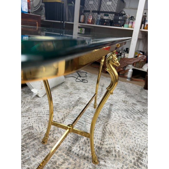 Mid-Century Modern Mid-Century Hollywood Regency Brass Horse’s Head Guéridon Side Table With Heavy Glass Top - Manner of Maison Jansen / LaBarge For Sale - Image 3 of 10