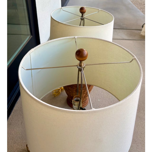 Wood 1970s Pair of Woven Rattan and Wood Ginger Jar Lamps in the Style of Ralph Lauren For Sale - Image 7 of 13