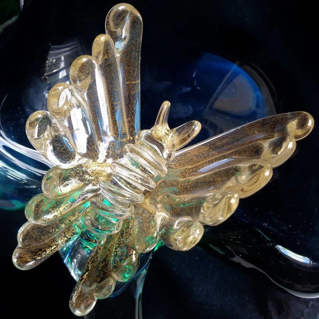 Murano Vintage Murano Sommerso Blue Gold Flecks Butterfly Italian Art Glass Decorative Leaf Shape Bowl For Sale - Image 4 of 6