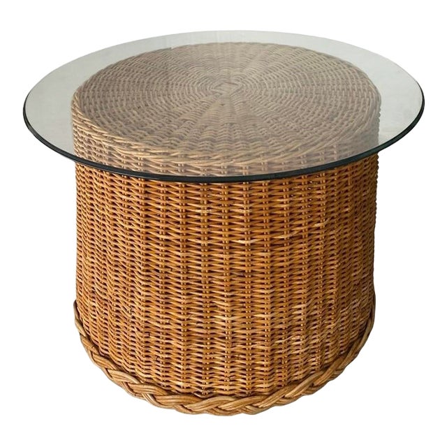 Bielecky Brothers-Style Braided Rattan Round Drum Table, 1980s (Hong Kong) For Sale