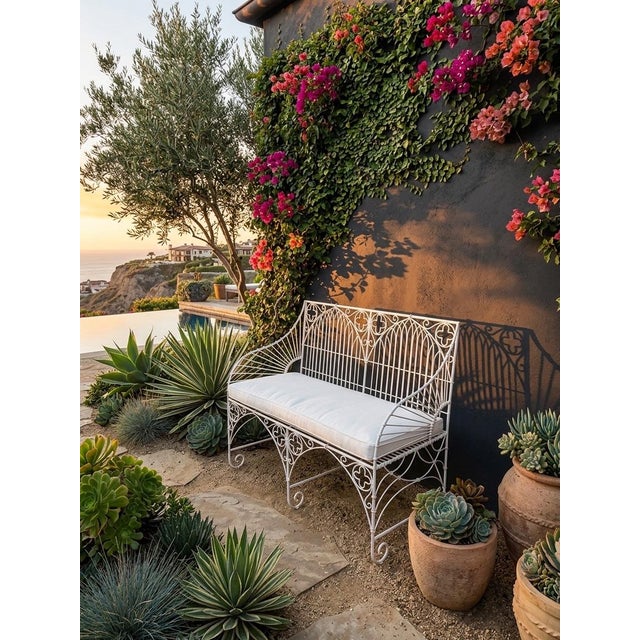 Vintage Gothic Revival Style White Wrought Iron Garden Settee For Sale - Image 10 of 12