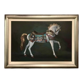 Late 20th Century Carousel Horse Painting Large Oil on Canvas Signed Vintage Whimsical Art Decor For Sale