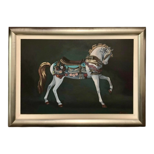 Late 20th Century Carousel Horse Painting Large Oil on Canvas Signed Vintage Whimsical Art Decor