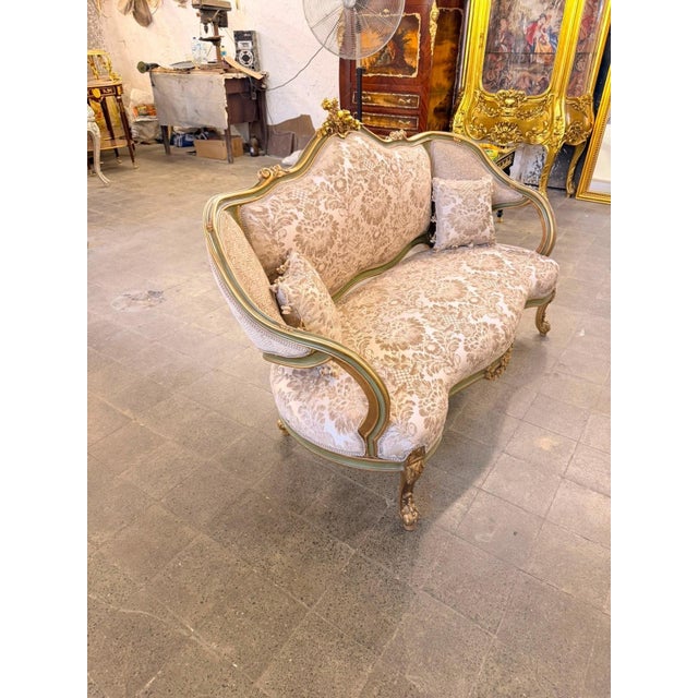 1960s French Louis XV Rococo Canapac Loveseat Antique Green & Gold Gilt Wood Beige upholstery Settee For Sale - Image 4 of 8