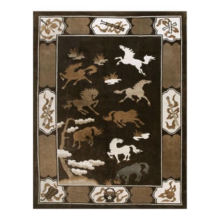 1930s Brown Horse Pattern Antique Chinese Mongolian Wool Animal Rug For Sale