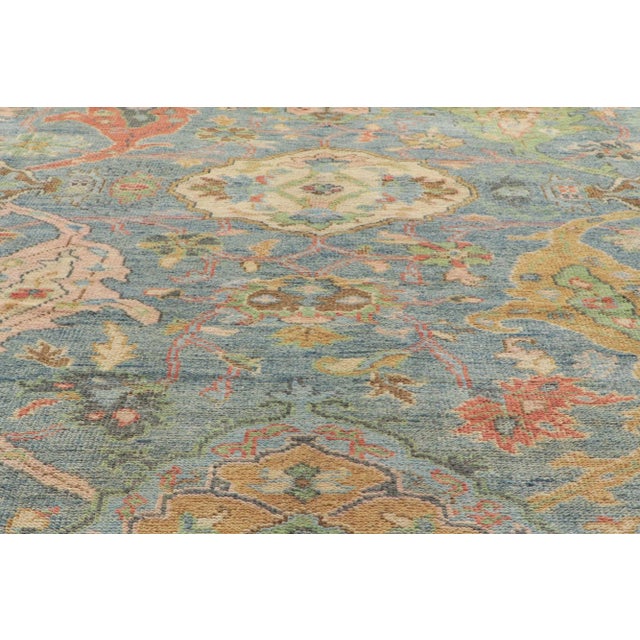 2010s Vintage Blue Colorful Oushak Rug - 9'00 X 11'10 For Sale - Image 5 of 11