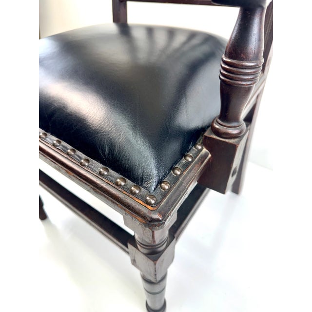 Rustic European Vintage Black Leather and Wood Library Chair With Nailhead Trim For Sale - Image 3 of 16
