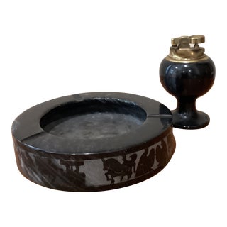 Mid 20th Century Italian Chariot Horse Etched Marble Stone Lighter and Ashtray - 2 Pieces For Sale