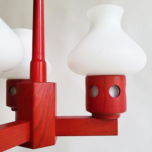 Mid-Century Swedish Pine Chandelier with Frosted Glass Shades by Aneta, 1970s For Sale - Image 6 of 14