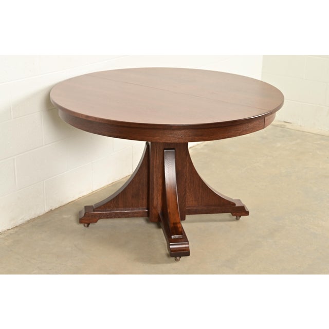 Mission Stickley Brothers Antique Mission Oak Arts & Crafts Pedestal Extension Dining Table, Newly Refinished For Sale - Image 3 of 15