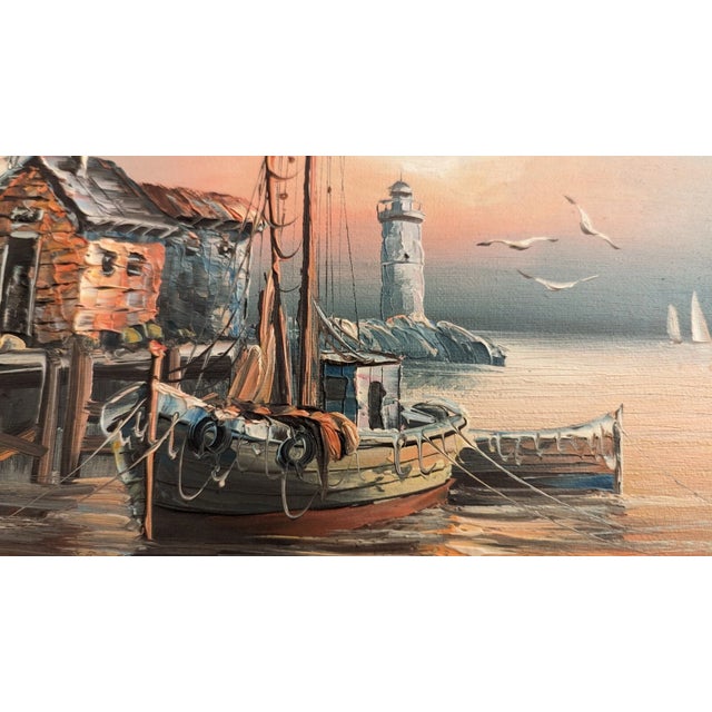 Vintage Original Oil Painting Harbor Scene With Lighthouse. Signed by Max Savy For Sale - Image 10 of 14