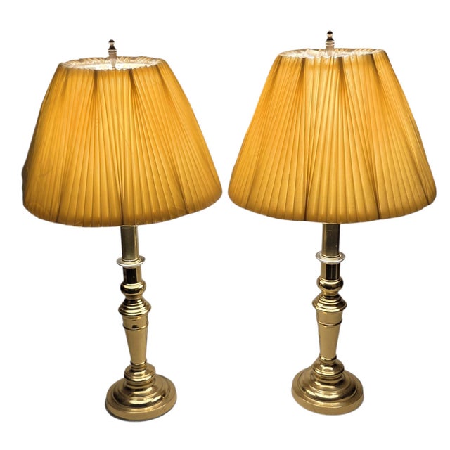 Pair of Vintage Solid Brass Candlestick Table Lamps With Knife-Pleated Shades For Sale - Image 9 of 13