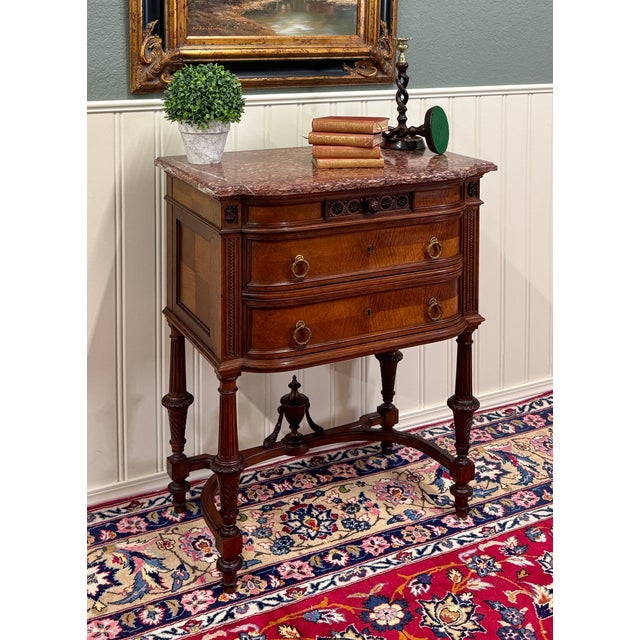 Antique French Louis XVI Style Marble Top Chest Side End Table Walnut c.1920s-30 For Sale - Image 4 of 18