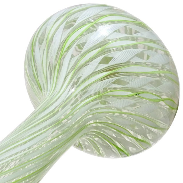 Murano Vintage Murano Fratelli Toso Green White Swirl Ribbons Italian Art Glass Soliflore Long Neck Flower Vase For Sale - Image 4 of 7