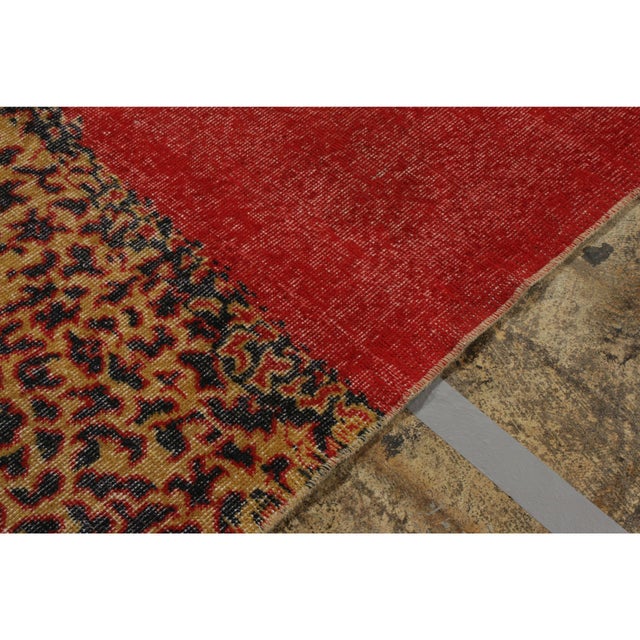 1960s Vintage Art Deco Rug in Red, Gold-Yellow Distressed Geometric Pattern For Sale - Image 4 of 8