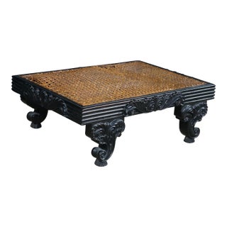 Rare Antique Anglo-Indian Ceylonese Ebony Carved Woven Wicker Footstool 18" For Sale