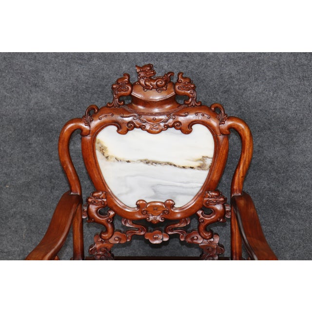 Pair Vintage Chinese Carved Mahogany and Marble Back Arm Chairs For Sale - Image 10 of 16