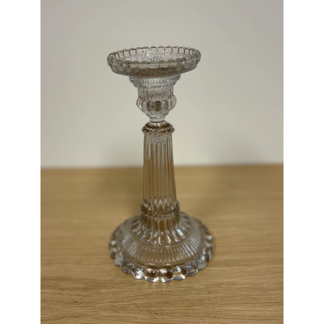 Vintage pressed clear glass candle holder circa 1940s 8” h x 4.5” b x 3” diam top