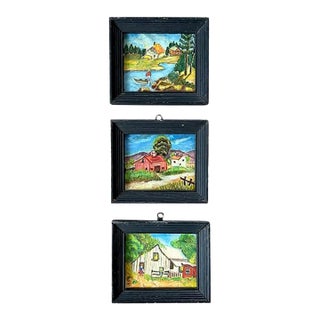 Folk Art, Americana Small Oil Paintings - Original Wood Frames For Sale