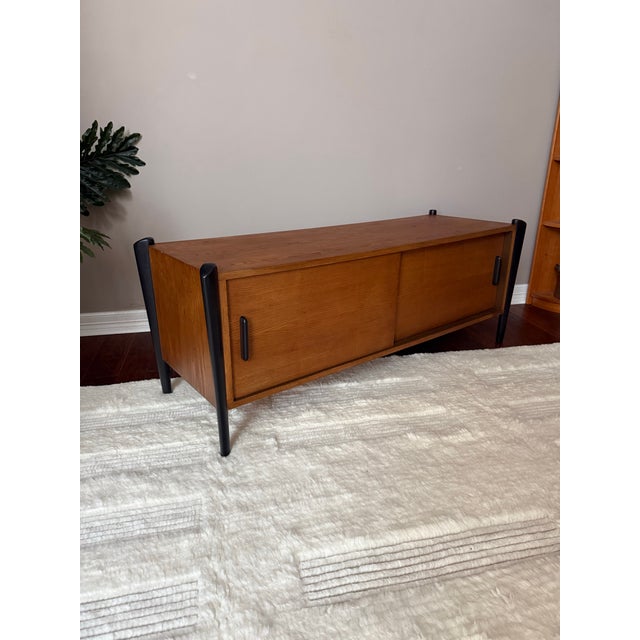 Vintage MCM Teak Media Cabinet/Console With “Exoskeleton” Legs and Sliding Doors For Sale - Image 11 of 12