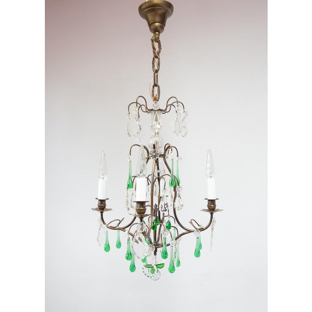French Chandelier in Brass with Green Crystals, 1920s For Sale - Image 10 of 10