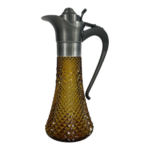 Antique Diamond Point Amber Glass Ewer Style Pitcher Pewter Lid & Handle For Sale