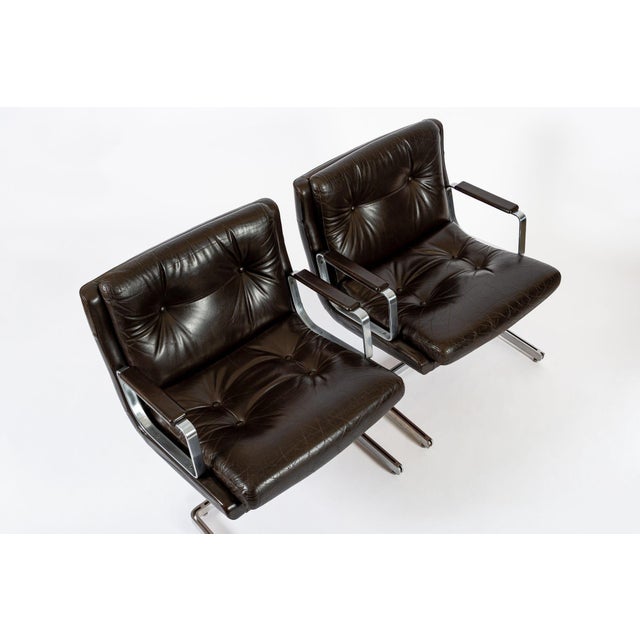 Metal Mid Century French Brown Leather Lounge Chairs by Raphael Raffel 1970s For Sale - Image 7 of 18