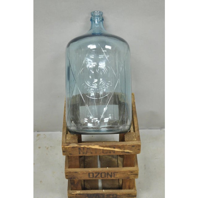 Mid-Century Modern Vintage Great Bear Blue 5 Gallon Glass Carboy Jug in Wooden Crate For Sale - Image 3 of 13