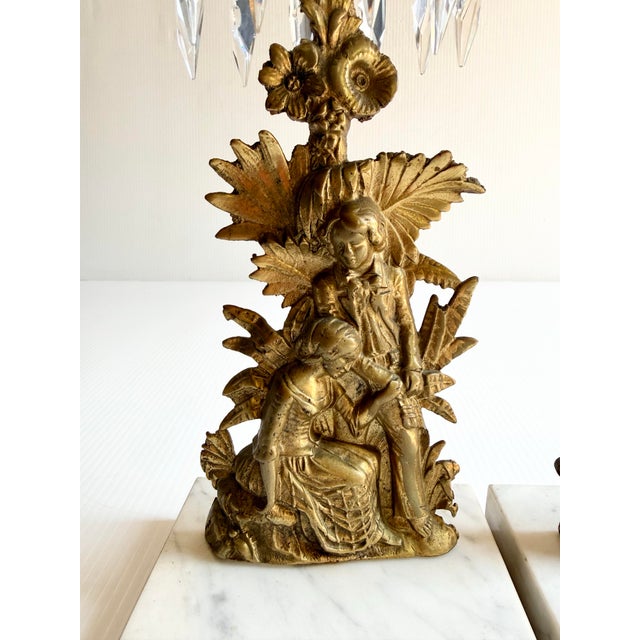 Pair of Antique Brass Victorian Girandole Candlesticks With Marble Base & Prisms For Sale - Image 4 of 12