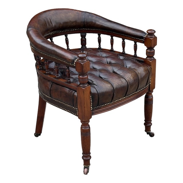 Brown Leather and Mahogany Captain's Desk Armchair, 1860 For Sale