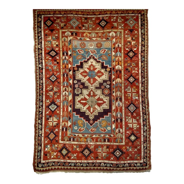 19th Century Anatolian Village Area Rug, Handwoven, Purple & Turquoise, 4' x 6' For Sale