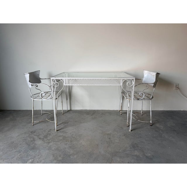 Metal Vintage White Painted Metal and Glass Top Garden Dining Table For Sale - Image 7 of 11