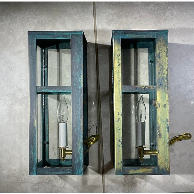 Exquisite Vintage Verdigris Brass Wall Lanterns / Sconces – Pair For Sale - Image 13 of 17