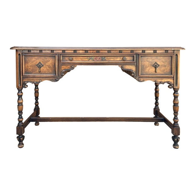 Vintage Western Revival Drawers Turned Decorative Legs Desk For Sale