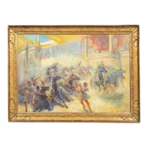 Antique Georges Maury French Impressionist "Chariot Race" Oil on Canvas