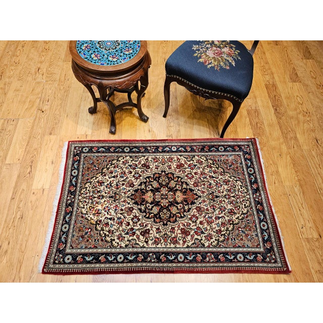 Vintage Persian Isfahan Rug, Hand-Knotted Wool, Floral Pattern, Ivory & Navy, 3x4 For Sale - Image 4 of 15