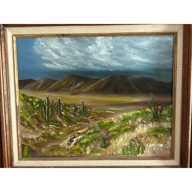 Massive 28" Original 1980 Lawson Southwest Desert Oil Painting - Framed Sonoran Cactus Landscape For Sale - Image 4 of 4