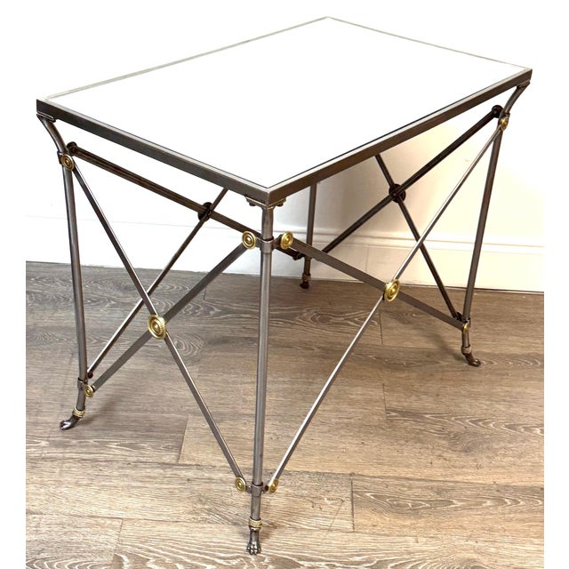 Maison Jansen Style French Neoclassical Steel & Brass Mirrored Gueridon Table For Sale - Image 13 of 13