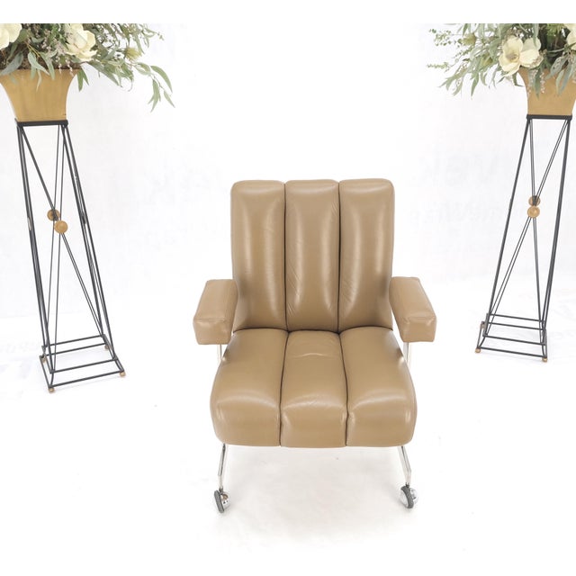 1970s Vladimir Kagan Leather Ribbed Style Upholstery Heavy Stainless Base Desk Chair For Sale - Image 5 of 12