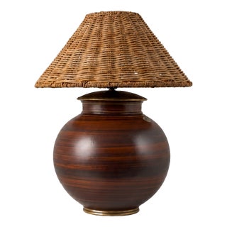 Swedish Modern Ceramic Table Lamp with Wicker Shade by Gunnar Nylund for Rörstrand, 1940 For Sale