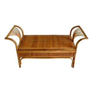 Vintage Coastal Crespi Style Bamboo Rattan Bench For Sale