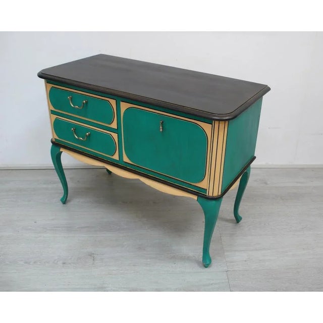 Wood Chippendal Chest of Drawers Console Table in Turquoise Green + Sahara-Yellow, 1960s For Sale - Image 7 of 7
